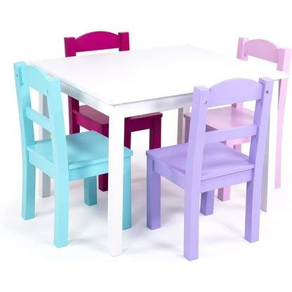 table and chair set for kids ，Humble Crew Tot Tutors Wood Table & 4 Chairs Set-White, Pink, Purple Forever Collection，