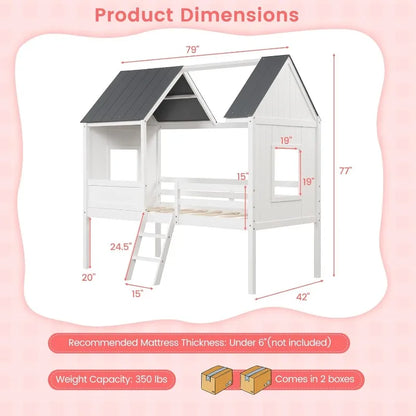 Estructura de cama tipo casa gemela, estructura de cama tipo loft baja para niños con techo, ventanas laterales y escalera, cama de juegos con soporte de listones de madera para niñas