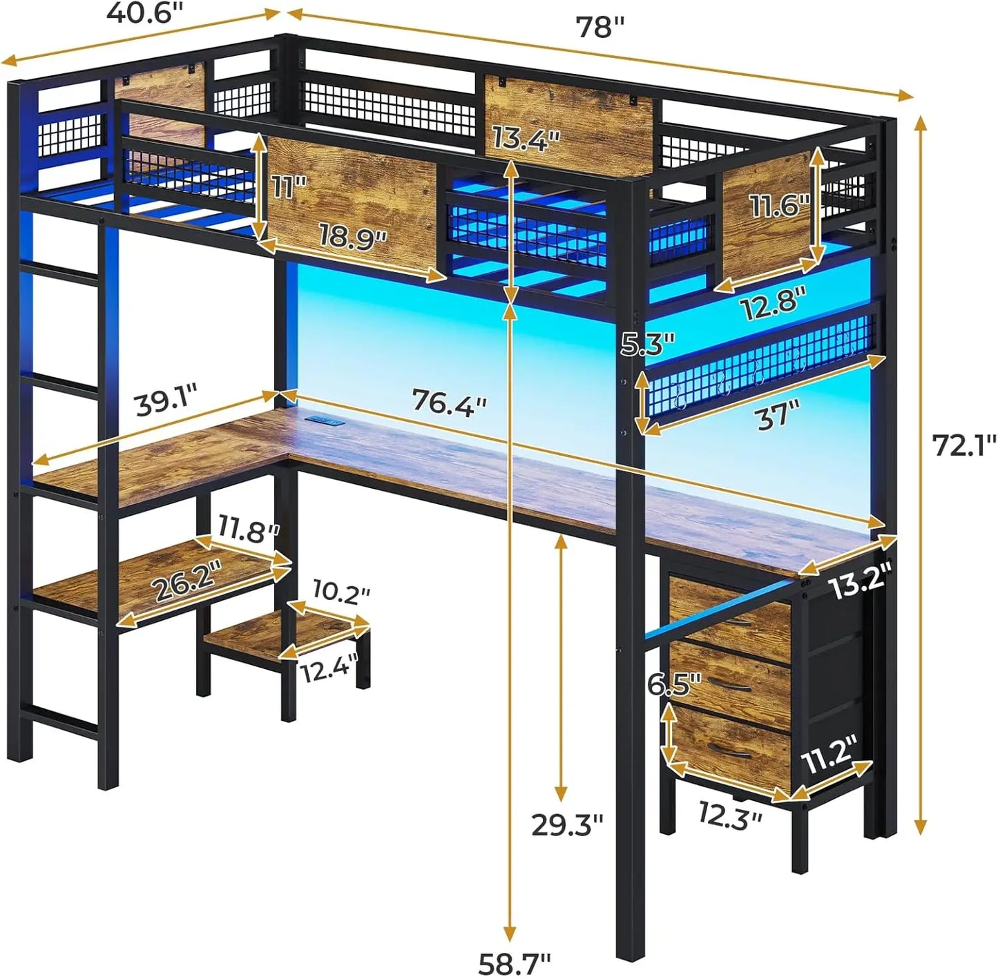 Lit mezzanine double avec bureau en L, lumières LED, station de charge, cadre de lit mezzanine double en métal avec tiroirs en tissu et elle