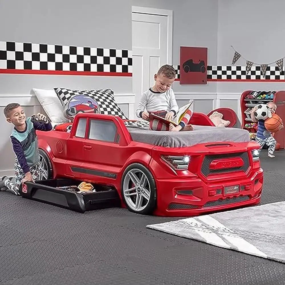 Twin Size Turbocharged Truck Car Bed with Working Headlights & Built-In Storage Boys & Girls Pretend Play Area Realistic Design