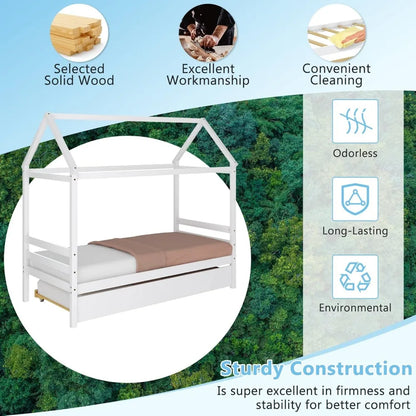 Cama nido para dos personas, estructura de cama tipo casita de madera maciza, sofá cama para niños con techo para niñas y niños, sin somier