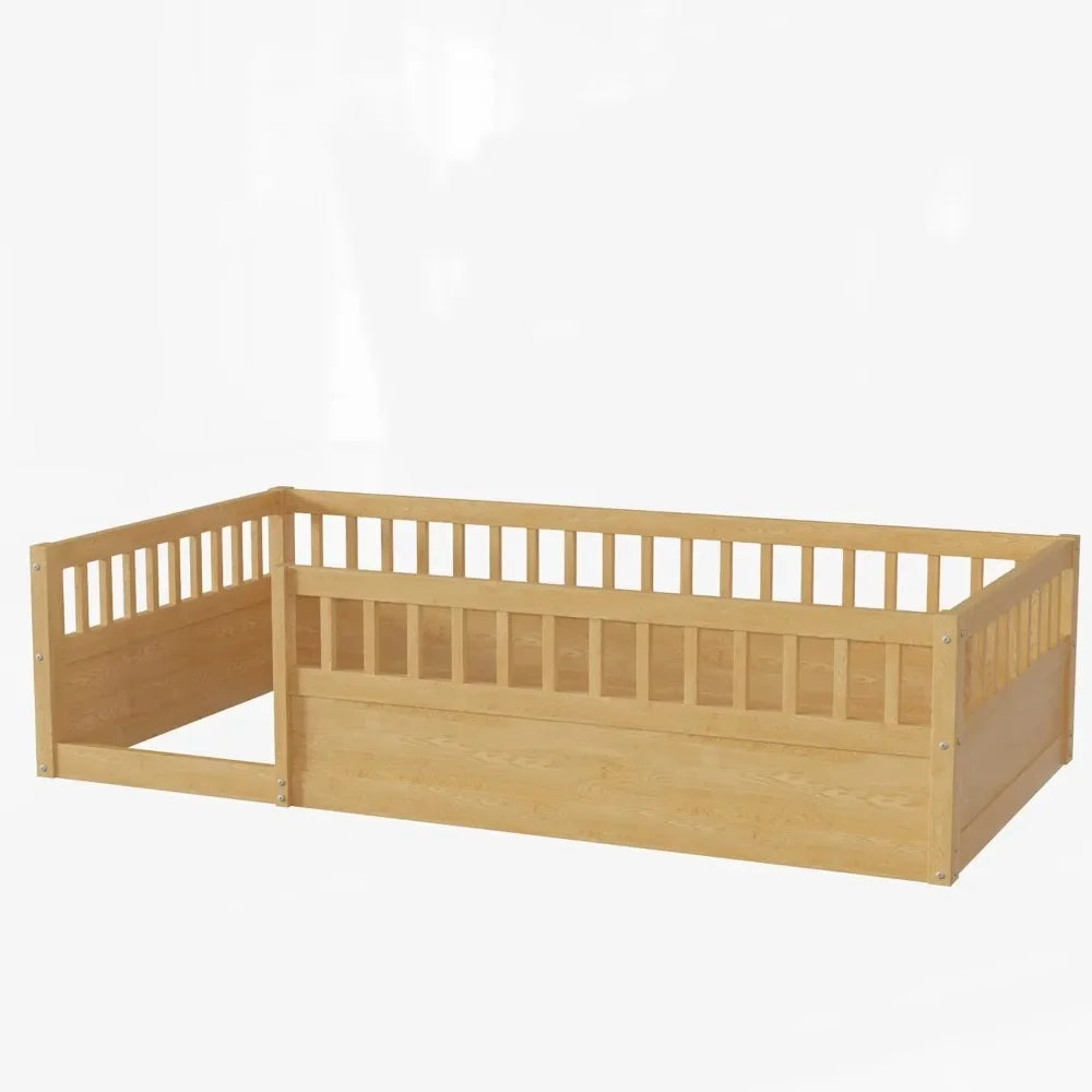 Twin Size Montessori Bed with Fence, Toddler Floor Bed Frame with High Rails for Children Bedroom,Toddlers, Boys Girls