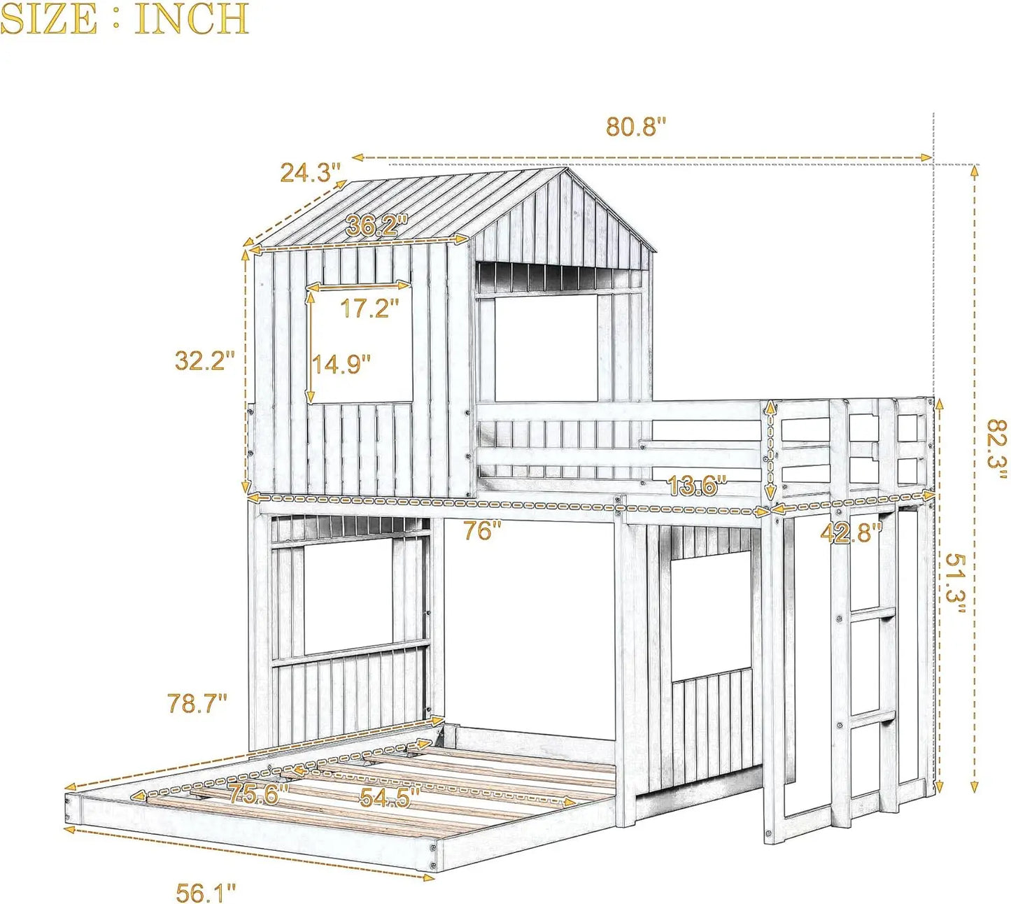 &amp; Bright Designs House Lits superposés, Lit simple sur lit double superposé, Maison de jeu en bois, Lit superposé bas, Cadre de lit pour enfants, tout-petits, filles/garçons, Whi