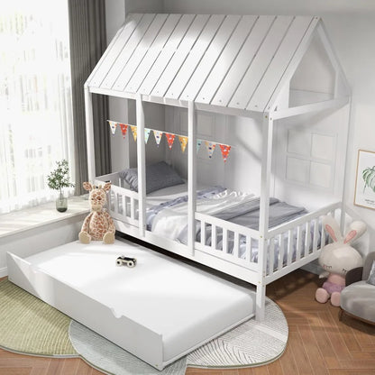 Twin Size House Bed with Trundle, Wood Kid’s House  Bed Frame with Sturdy Bed Slats fNo Box Spring Needed