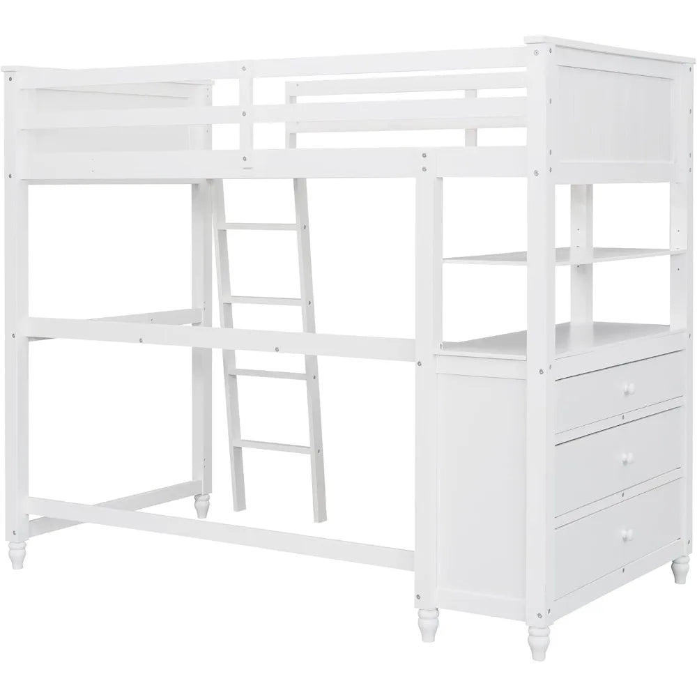 Twin Size Loft Bed with Desk and Dresser, Wooden Bed with Storage Drawers and Shelves for Kids Teens,No Box Spring Needed,White