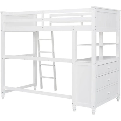 Cama alta tamaño twin con escritorio y tocador, cama de madera con cajones de almacenamiento y estantes para niños y adolescentes, no necesita somier, color blanco