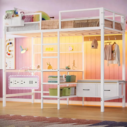 Cama alta con escritorio en forma de L, luces LED y estación de carga con estantes de almacenamiento y perchero con 2 cajones de almacenamiento, cama para niños