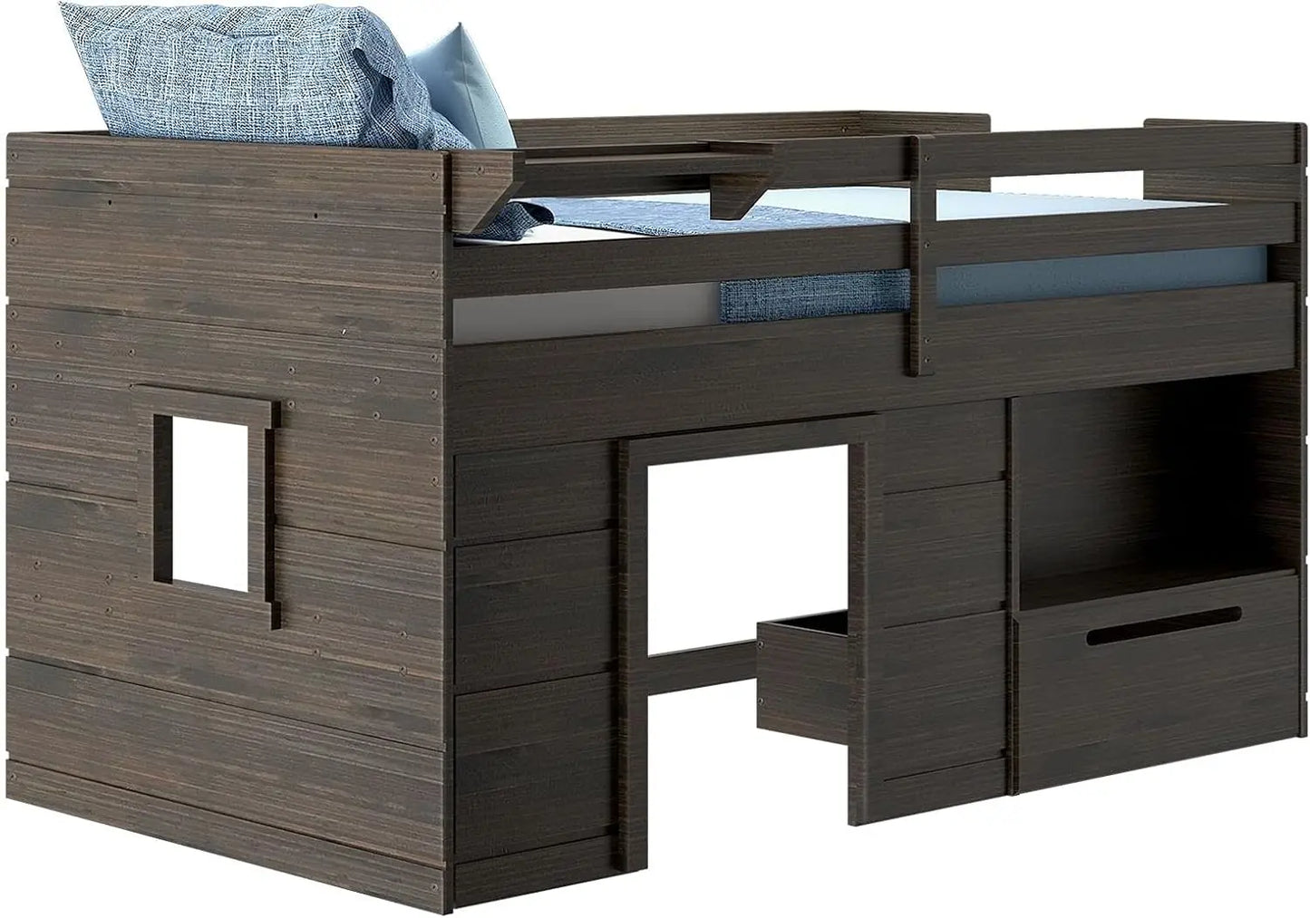 Cama alta Max &amp; Lily con dos camas individuales de madera maciza, cajón de almacenamiento, escalera, estilo rústico moderno, para niños, madera de granero, marrón, para niños pequeños