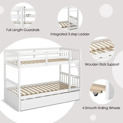 Twin Over Twin Bunk Bed with Trundle, Convertible Platform Bed Frame with Ladder & Solid Wood Frame, No Box Spring Needed, White