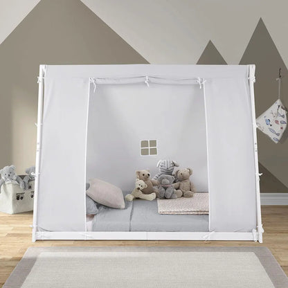 Nueva cama de piso con dos camas individuales en forma de carpa: estructura natural o blanca, carpa gris, muebles para dormitorio infantil... (estructura blanca)