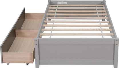 Marco de cama de tamaño individual con 2 cajones de almacenamiento, cama individual para niños, plataforma de madera maciza para niños, adolescentes y adultos, color gris