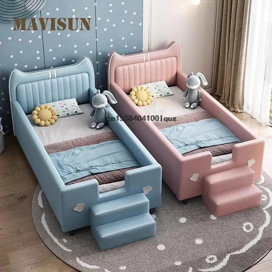 Leather Children's Splicing Bed Italian Style Bedroom Furniture Wood Kids Bed For Boy And Girl Cute Baby Bed With Safe Guardrail