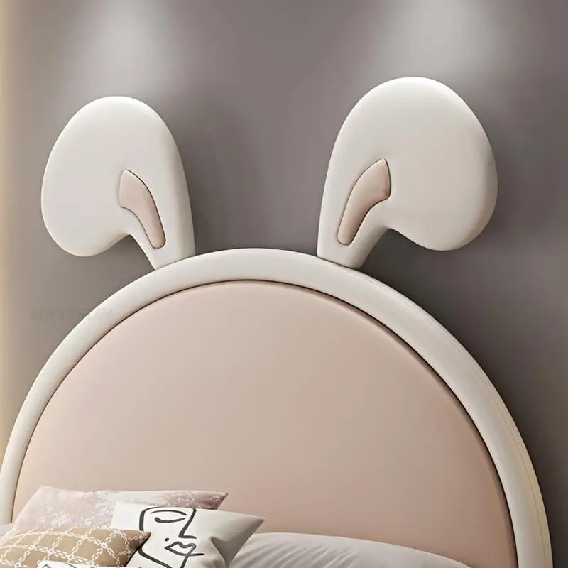 Lit de princesse avec oreilles de lapin adoré, sac en éponge à rebond élevé, lit pour filles, lit pour enfants stable de 10 cm de haut, pieds en métal, lit en cuir rose pour enfants