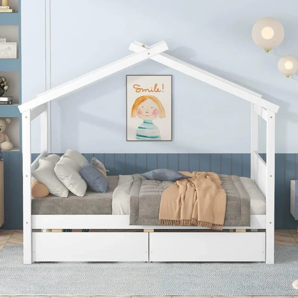 Cama de madera tamaño completo Merax con dos cajones, estructura de cama de madera con techo para niños, adolescentes, niños o niñas, color blanco