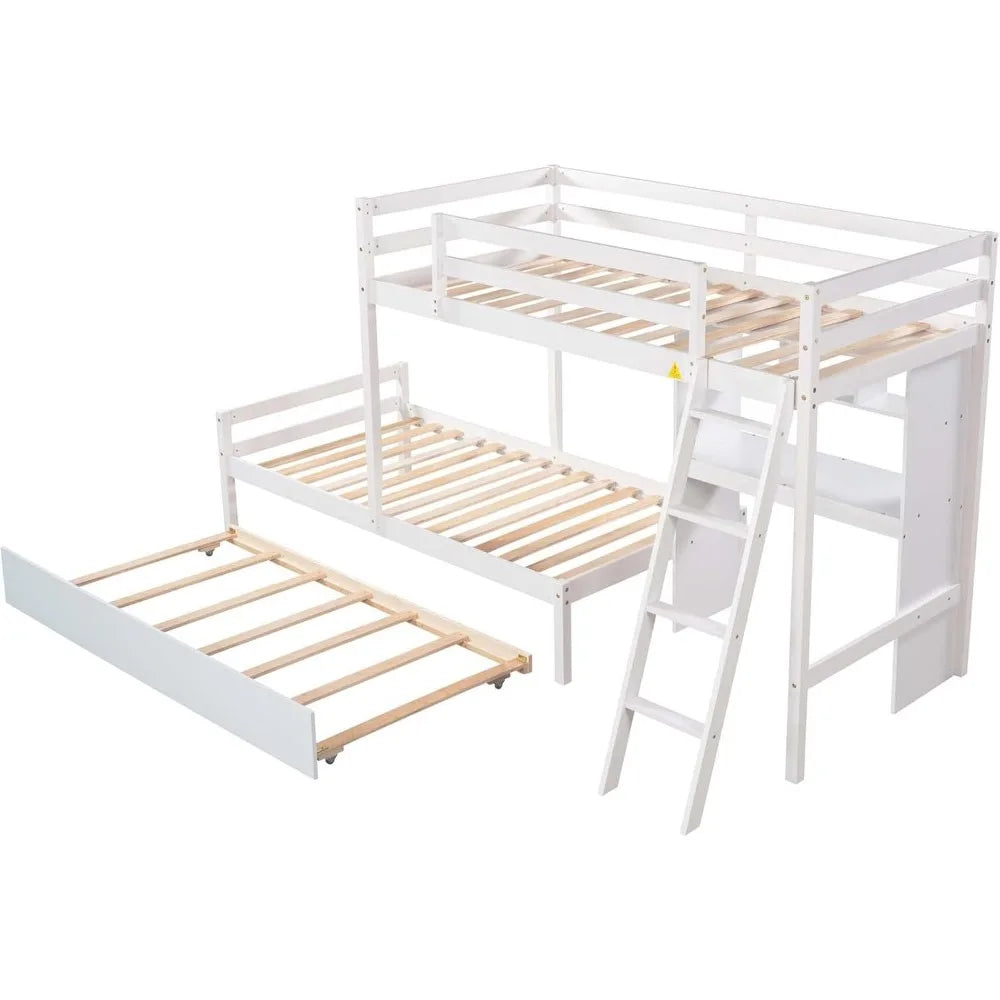 Twin Over Twin Bunk Bed, with Convertible Built-in Desk and Down Bed, No Box Spring Required, Loft Bed with Trundle and Ladder