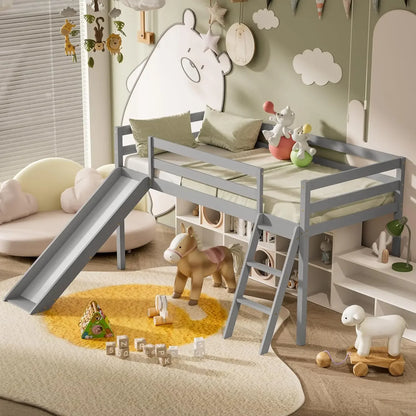 Cama alta de madera con escalera y espacio de almacenamiento para niños pequeños (gris)