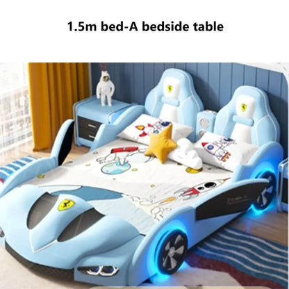 Multifunctional Car-Shaped Children's Bed For Boy Kids Wood Frame Bedroom Versatile Cartoon Stylish Bed With 2 Bedside Tables