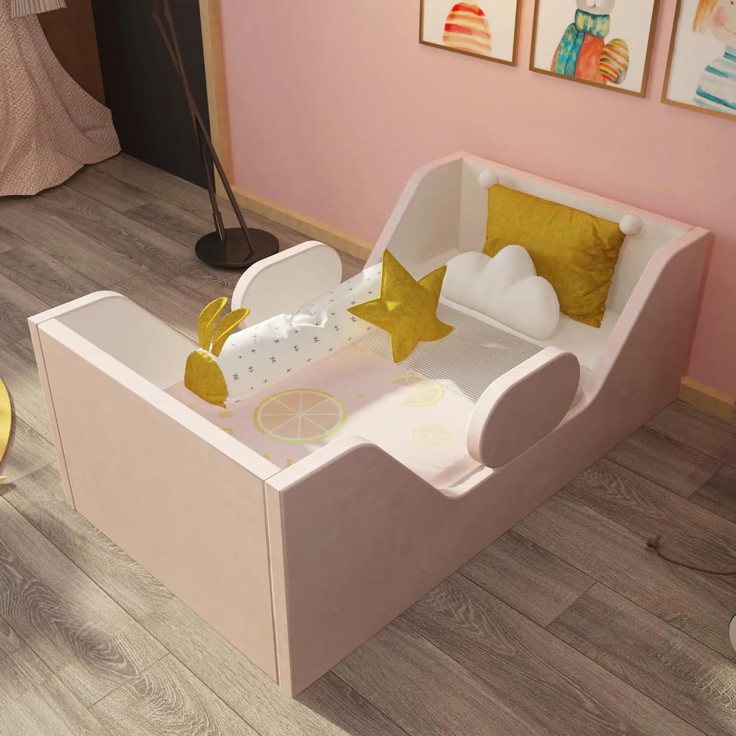 Cama para niños pequeños, cama para niños con ancho extra de seguridad, cama para niños pequeños de tamaño cuna estándar, camas para niños pequeños de tela certificadas, cama para niños pequeños