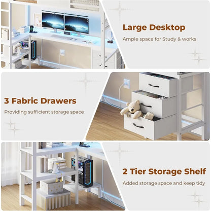 Twin Loft Bed with L-Shaped Desk, Metal Twin Size Bed Frame with LED Lights & Charging Sation, 3 Fabric Drawers, 2-Tier Shelves