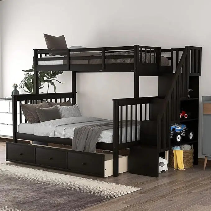 Litera doble sobre cama matrimonial con escaleras y cajones de almacenamiento, estructura de litera con escalera de madera noble para niños, adolescentes y adultos, dormitorio, dormitorio