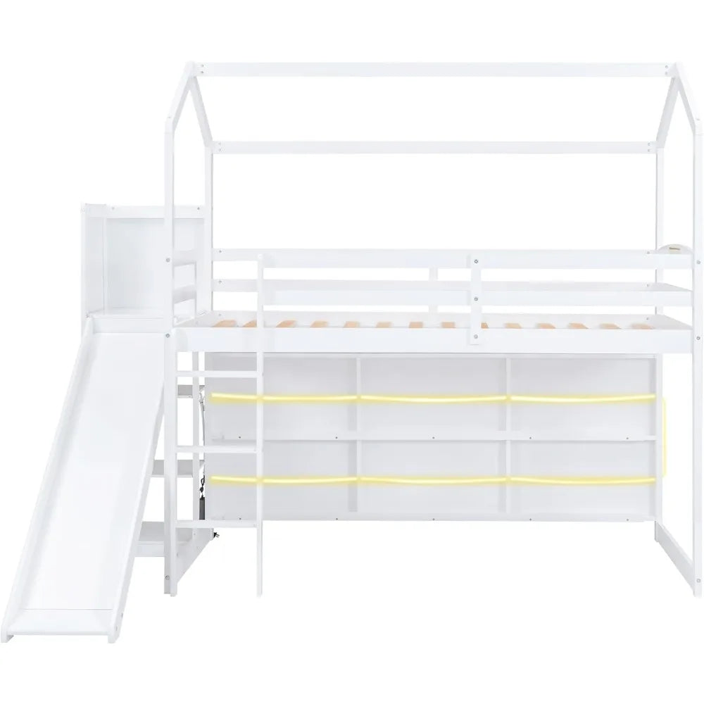 Twin Size House Loft Bed with Slide, Storage Shelves and Light, Climbing Ramp, Low Loftbed Frame, for Kids Boys Girls Bedroom