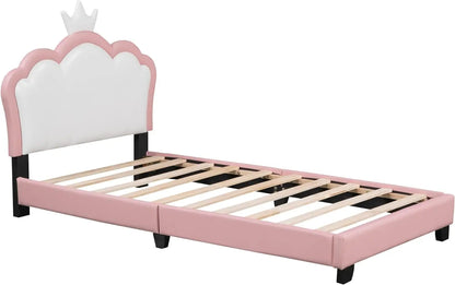 Cabecero de cama tapizado para niños y niñas, con plataforma de madera, no necesita somier, color blanco, rosa y corona