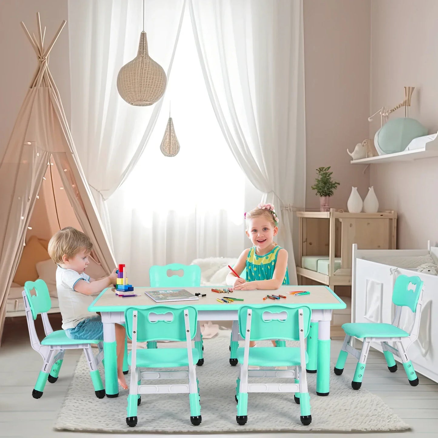 Ensemble table rectangulaire pour enfants avec 6 chaises, table multi-activités réglable en hauteur pour tout-petits, bureau d'art et d'artisanat pour filles, 2 à 10 ans