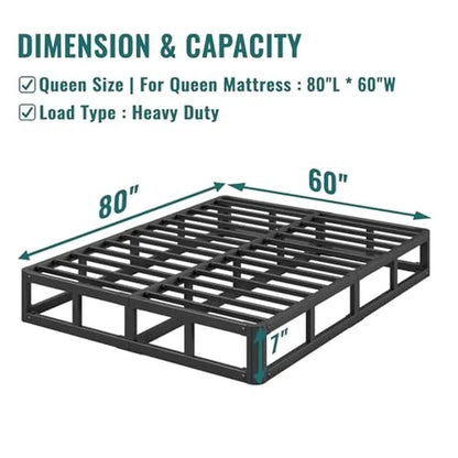 Marco de cama de plataforma de metal tamaño Queen de 7 pulgadas, fácil de ensamblar, silencioso, diseño de seguridad de perfil bajo, listones de acero resistentes, sin somier