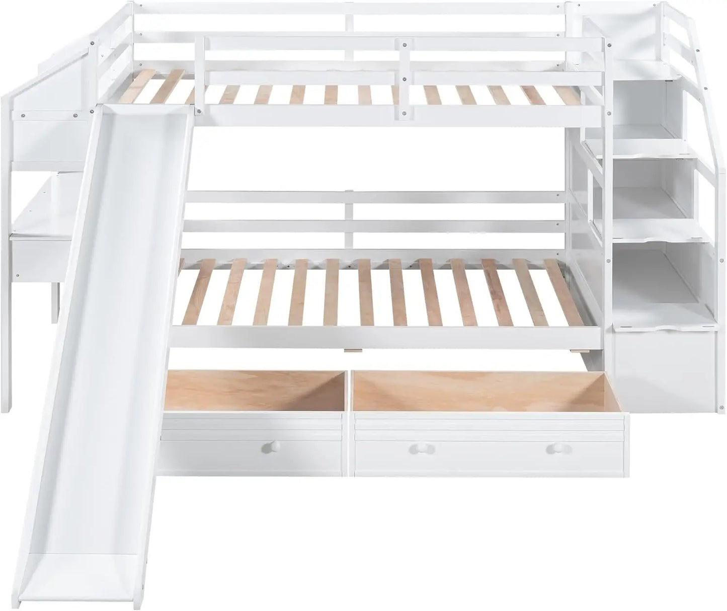 Twin Over Twin Bunk Bed with Desk and Stairs Wooden Versatile BunkBed with Slide Storage Drawers and Bookshelves for Kids Teens