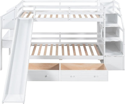 Lit superposé double avec bureau et escaliers Lit superposé polyvalent en bois avec tiroirs de rangement coulissants et étagères pour enfants et adolescents