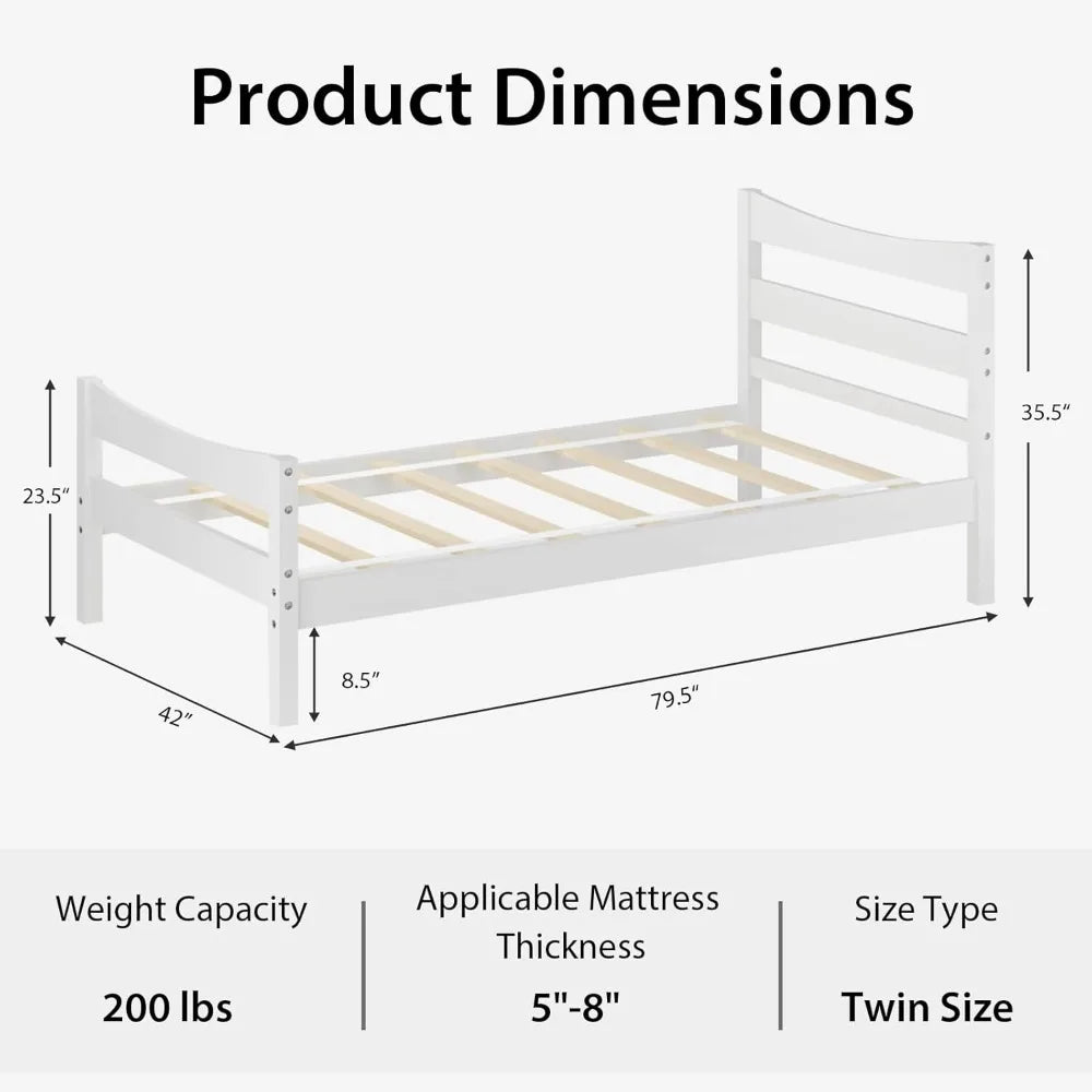 Cadre de lit simple en bois, lit plateforme blanc moderne avec tête et pied de lit, support à lattes en bois massif, pas besoin de sommier