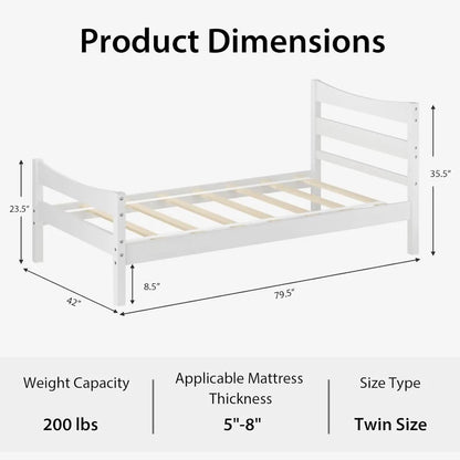 Wood Twin Bed Frame, Modern White Platform Bed w/Headboard & Footboard, Solid Wood Slat Support, No Box Spring Needed