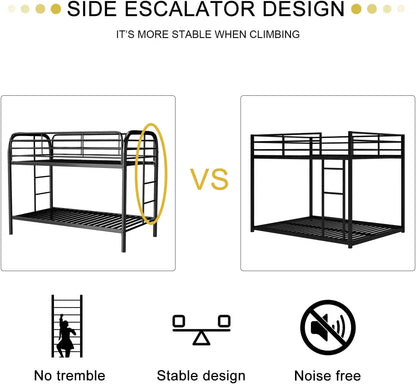 Litera de metal de tamaño doble sobre individual, literas con escaleras laterales y barandilla de seguridad, diseño que ahorra espacio, silenciosa, color negro