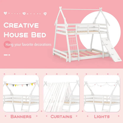 Twin Over Queen Bunk Bed, House Shaped Bed Frame with Climbing Nets and Ramp, Safety Guardrail, No Box Spring Needed