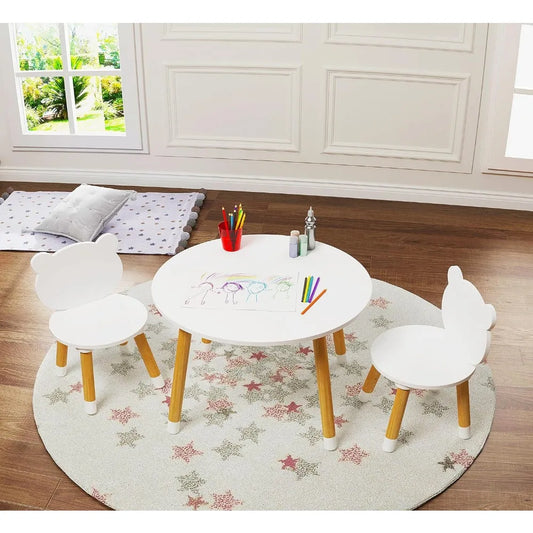 UTEX Juego de mesa y sillas de madera para niños, mesa de juego para niños con 2 sillas, mesa redonda de 3 piezas para niños pequeños, niñas y niños, color blanco