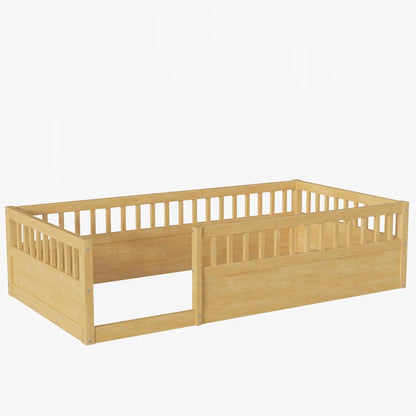 Twin Size Montessori Bed with Fence, Toddler Floor Bed Frame with High Rails for Children Bedroom,Toddlers, Boys Girls,