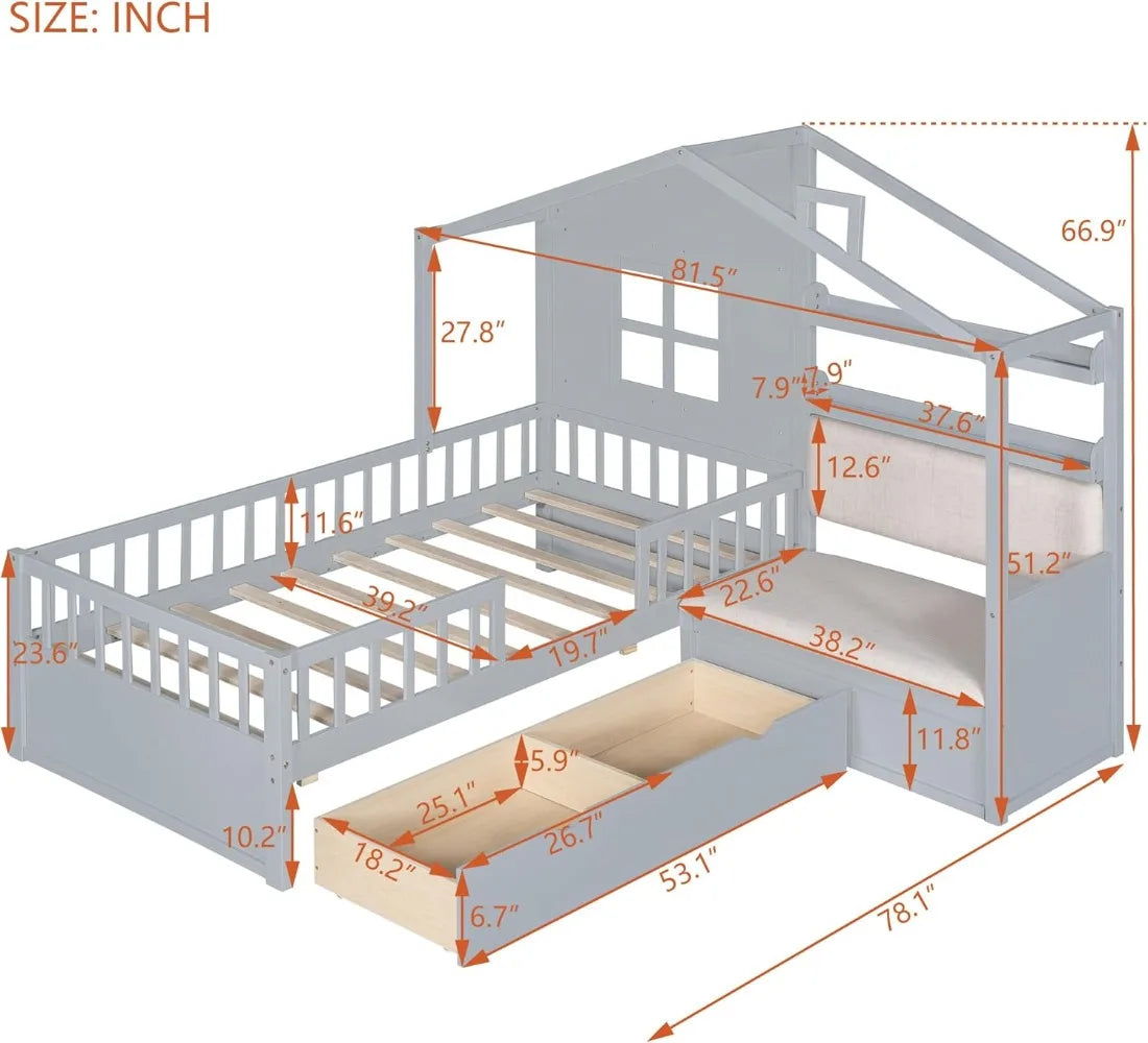 Lit double avec canapé, lit plateforme pour enfants avec deux tiroirs et étagère de rangement, pour filles et garçons - Gris