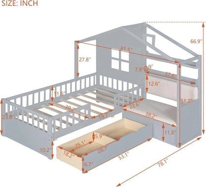 Lit double avec canapé, lit plateforme pour enfants avec deux tiroirs et étagère de rangement, pour filles et garçons - Gris