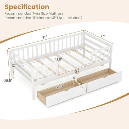 Cadre de lit double en bois pour enfants avec 2 tiroirs coulissants et étagère latérale, cadre de lit double avec balustrades de clôture, pas besoin de sommier en bois massif