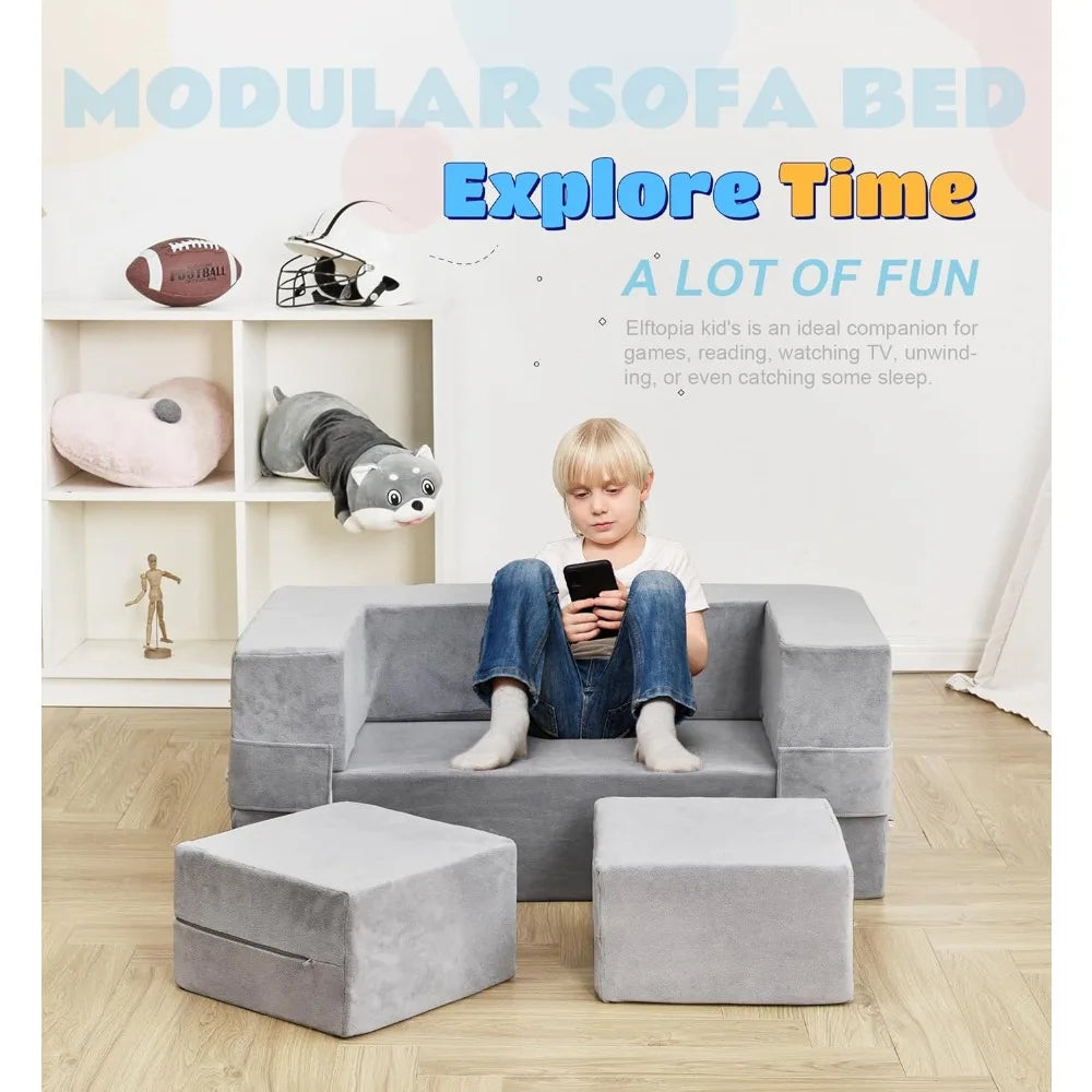 Sofá modular para niños, sillón de espuma para niños pequeños, juego de sofá de felpa convertible para niños, sofá cama plegable (gris)