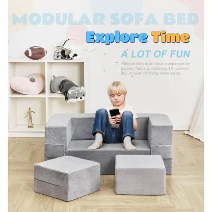 Sofá modular para niños, sillón de espuma para niños pequeños, juego de sofá de felpa convertible para niños, sofá cama plegable (gris)