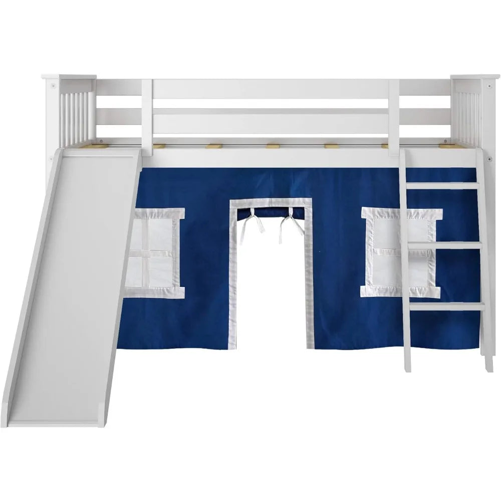 Lit mezzanine bas, cadre de lit double pour enfants avec toboggan et rideaux pour le bas, design moderne et épuré. Il y a un espace de jeu disponible pour les lits