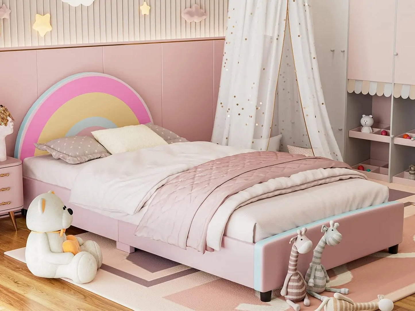 Twin Bed Frames for Kids, Princess Upholstered Girls Twin Platform Bed with Rainbow Headboard, Solid Wood Slats, No Box Spring N