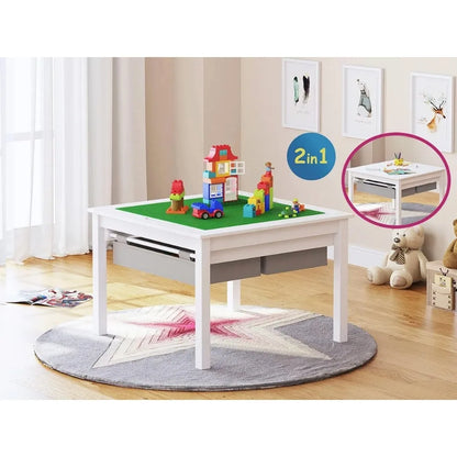 Mesa de juego de construcción para niños 2 en 1 de madera y juego de 2 sillas con cajones de almacenamiento y placa incorporada compatible