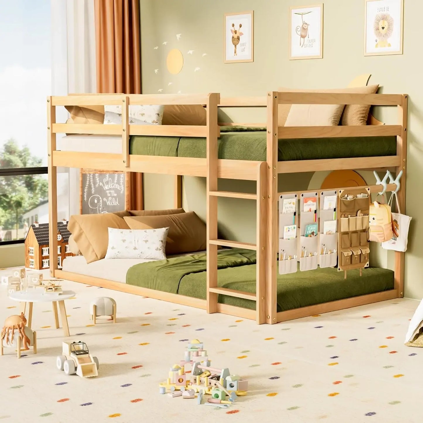 Low Bunk Bed Twin Over Twin, Floor Bunk Bed with Ladder, Twin Bunk Bed with Full Guardrails, Wooden Beds for Kids, Beds