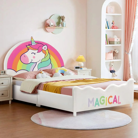 Twin Bed Frames for Kids, Wood Upholstered Twin Bed Platform with Slat Support, Padded Headboard, No Box