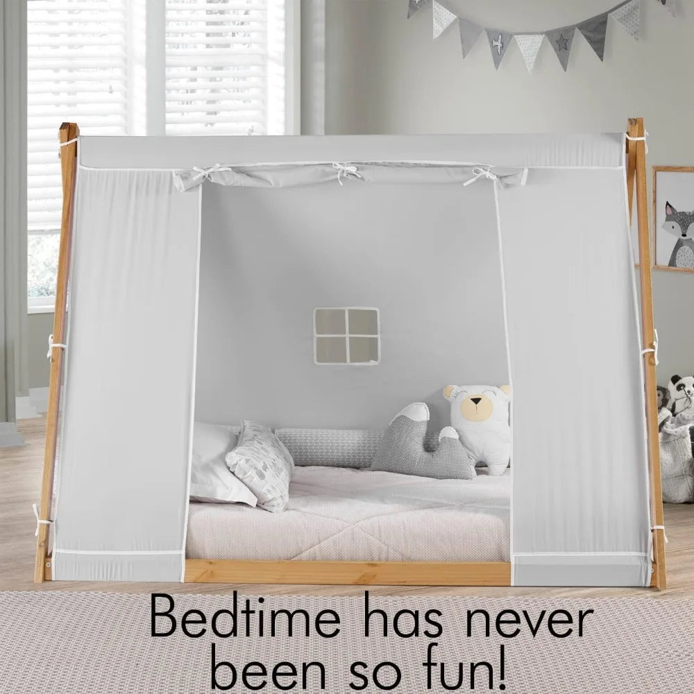 Nueva cama de suelo P'kolino con dos camas individuales, estructura natural o blanca, color gris, muebles de dormitorio para niños (estructura natural)