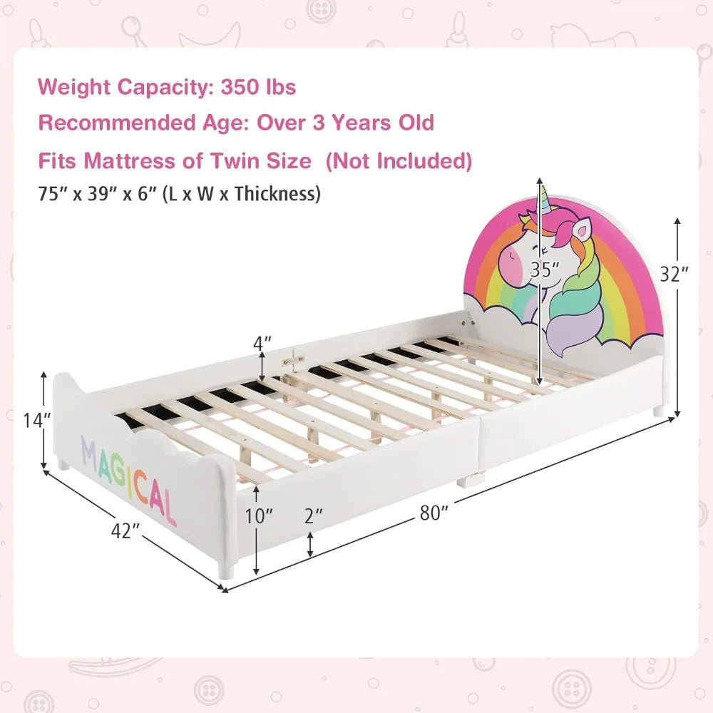 Twin Bed Frames for Kids, Wood Upholstered Twin Bed Platform with Slat Support, Padded Headboard&Footboard