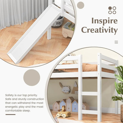 Cama alta doble con tobogán, cama alta baja con escaleras, estructura de cama alta doble de madera maciza para niñas y niños con escaleras de escalada y protección Ra