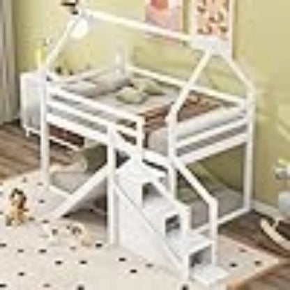 Twin Over Twin House Bunk Bed with Slide and Staircase, Solid Wood Loft/Bunk Bed Frame with Safety Guardrails for Kids